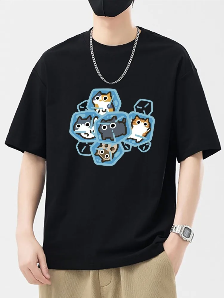 Male Black Crewneck Cotton Tee Kawaii Ice Cube Cluster Kitten Print Oversized Short Sleeve Pet Trend Summer Daily Casual Tees