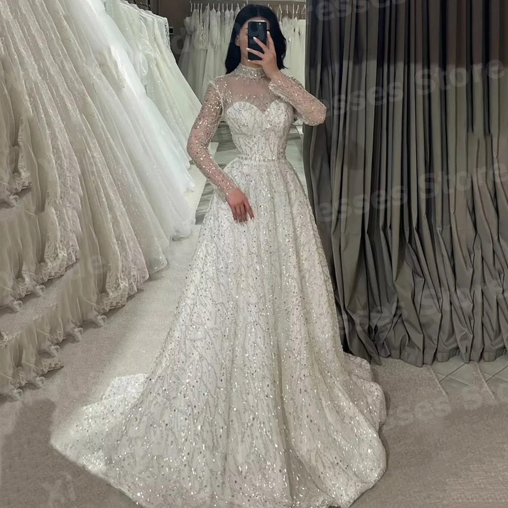 2025 Olśniewające Błyszczące Suknie Ślubne Damskie w Linii A Koronkowe z Wysokim Dekoltem Robe De Mariage Suknie Ślubne Szyte na Miarę z Długim Rękawem Vestido