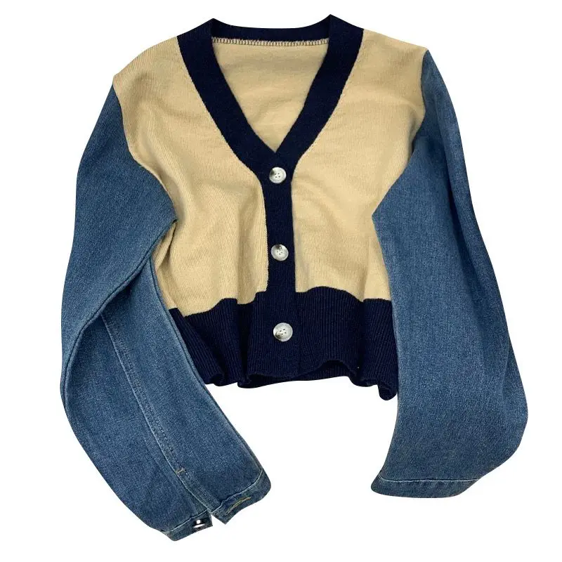 Denim Patchwork Sweater Short Jacket Women\'s 2023 Autumn New Contrasting V-neck Long Sleeved Loose Single Breasted All-Match Top