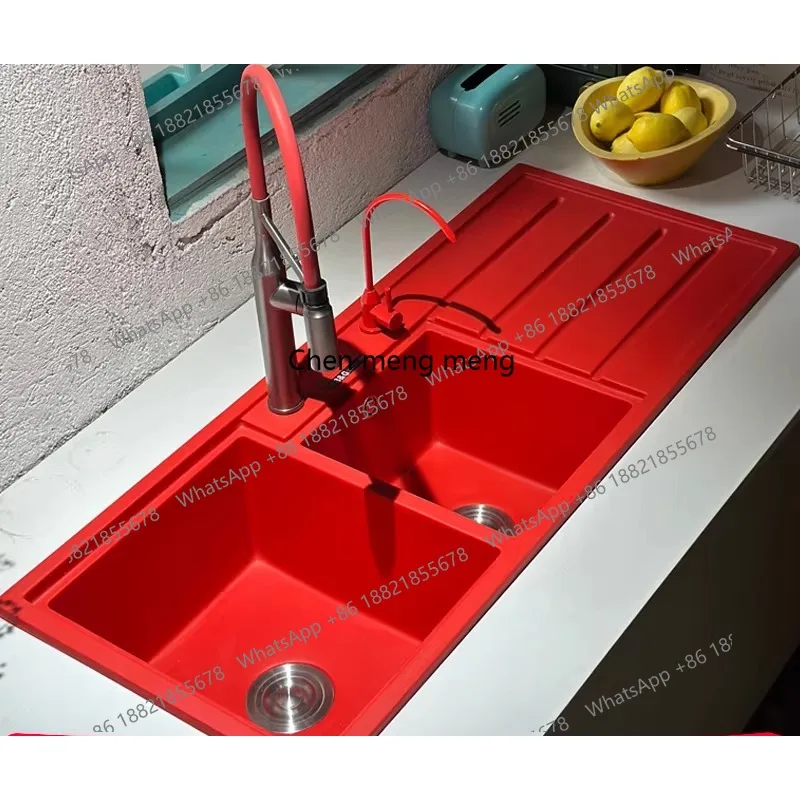 

Встроенная мойка с дренажным столом из кварцевого камня, большая, с двумя секциями, гранитная, для кухни, для овощей, ручной работы, красная.