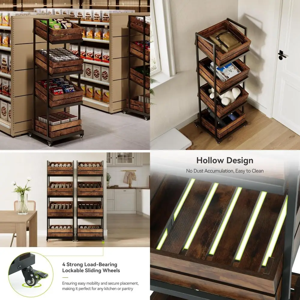 

4-уровневая деревянная кухонная тележка на колесах, мобильный стеллаж для хранения фруктов и овощей, универсальная полка-органайзер для кладовой, спальни, гостиной