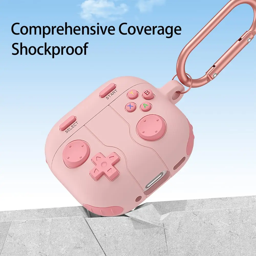 귀여운 게임 컨트롤러 케이스 에어팟 3용, 카라비너가 있는 액체 실리콘 커버, 미끄럼 방지, 세척 가능, 지문 방지 스킨