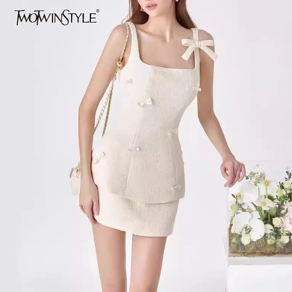

TWOTWINSTYLE Solid Slimming Two Piece Sets for Women Square Neck Sleeveless Spliced Bow Top High Waist Skirt Set Female Clothing