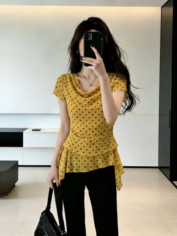 

Yellow Polka Dot Short Sleeve T-Shirt Women's Summer New Style Big Size Fashionable Youthful Top Korean Style Loose Fit