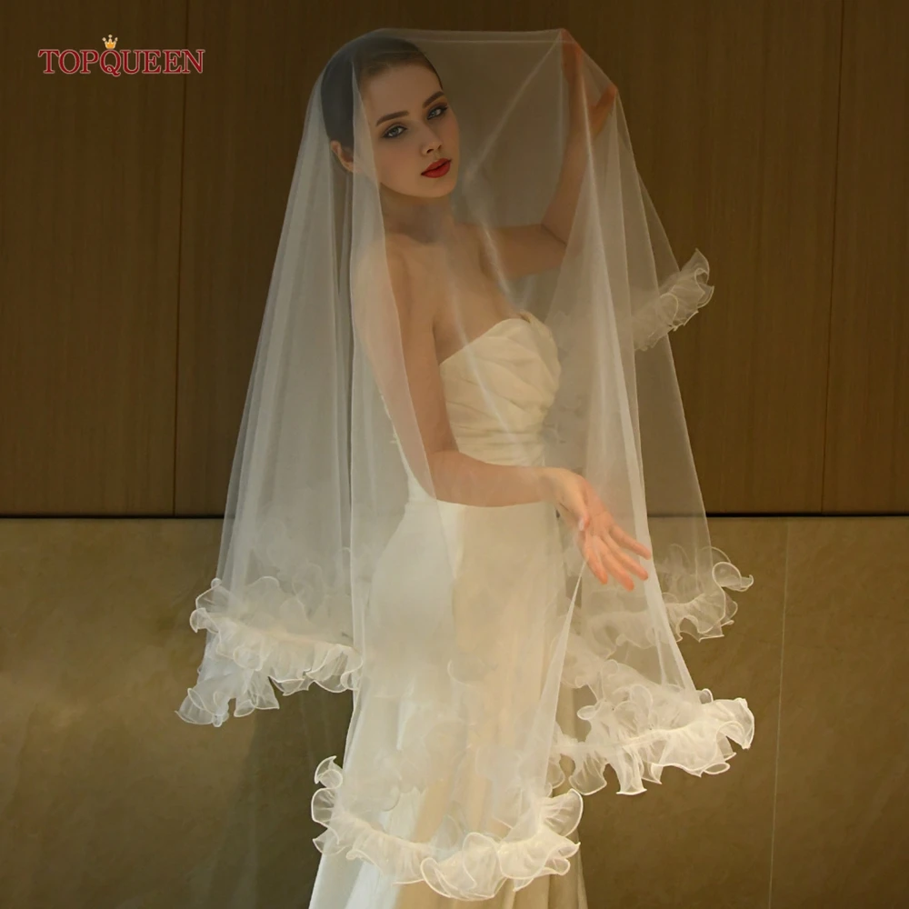 

TOPQUEEN Romantic Ivory Veil Floral Lace Handmade Bridal Veil No Comb Accessories Wedding Party Shawl V212