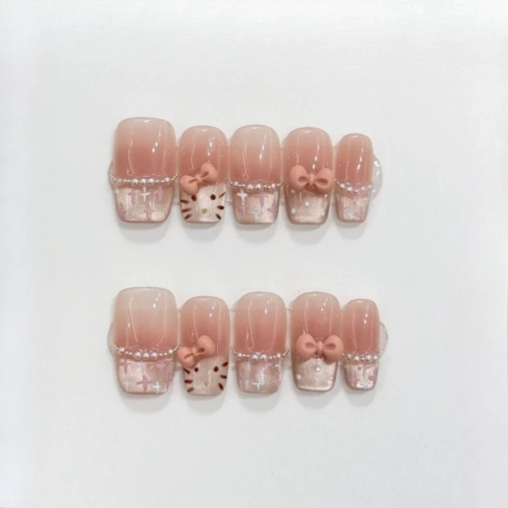 10 Uds. De uñas postizas con forma de ataúd de ojo de gato rosa, conjunto de uñas con lazo dulce, puntas de uñas a cuadros de lunares, uñas postizas con purpurina francesa