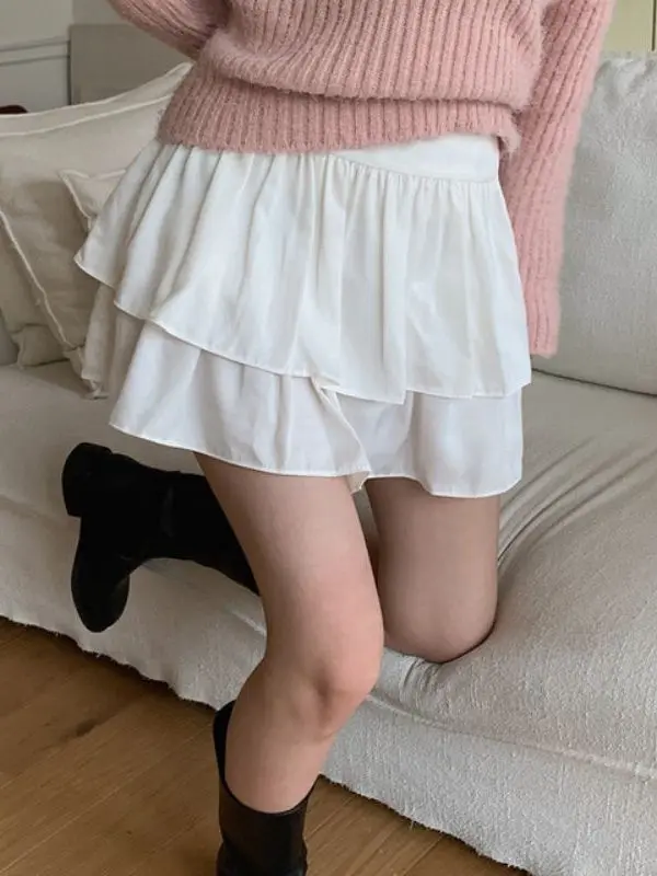 Falda Blanca Abullonada de Media Pierna con Vuelo, Cintura Alta, Estilo Dulce para Mujer, Versátil, Adeazante, con Plon...