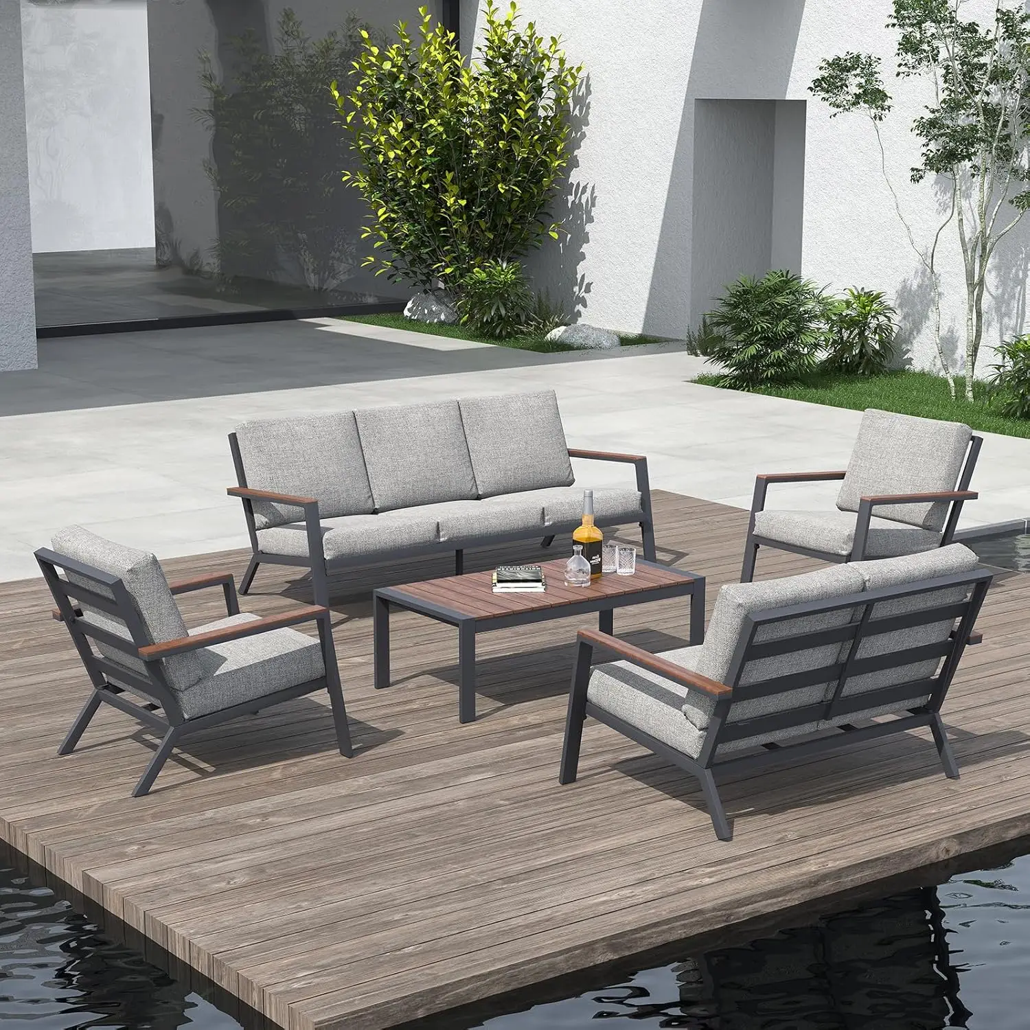 Soleil Set furnitur teras aluminium Jardin, dengan sandaran tangan & meja kopi permukaan kayu Solid bersertifikasi FSC