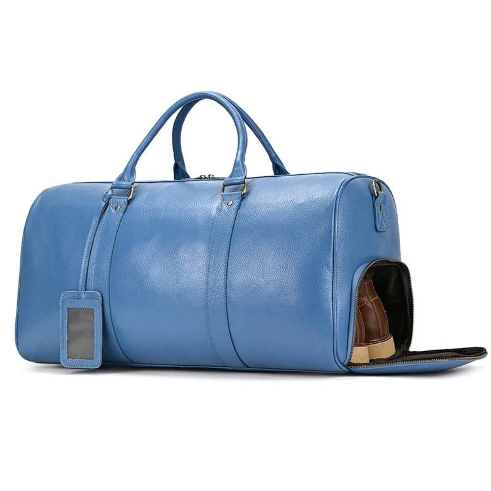 

Leather Travel Retro Simple Portable Fitness Bag Versatile Blue Men's Large Capacity ShoulderCrossbody StrapShoe Space Luggage