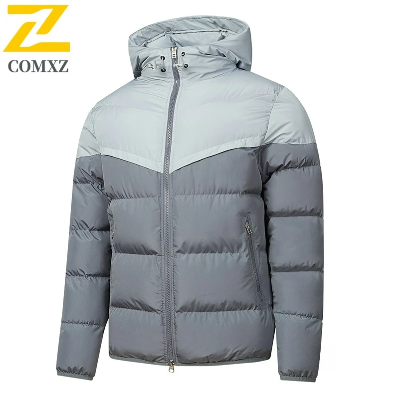 Men Winter Padded Jacket 2025 Hooded Color Block Cotton Down Coat Warm Windproof Fashion Camping Snow Lightweight Parka
