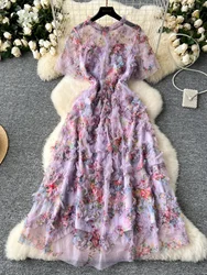 Runway Summer Autumn Holiday Floral Midi Tulle Prom Dress Women Layers Ruffles Cake Dresses Long Party Vestidos Quality