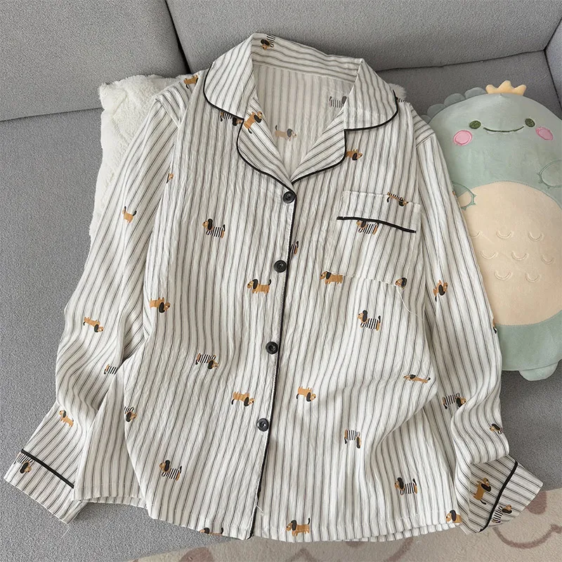 Women's Spring and Autumn Plus Size Striped Sleepwear Women's Loose Long Sleeved Pants Cardigan Student Pajamas Set Dog Print