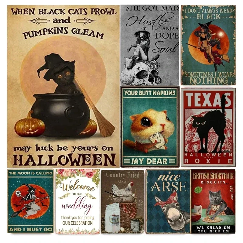 Salem Apothecary Potions Retro Tin Sign Cat Witch Drink Wine Halloween Tin Sign Style Miller Bar Home Decoration