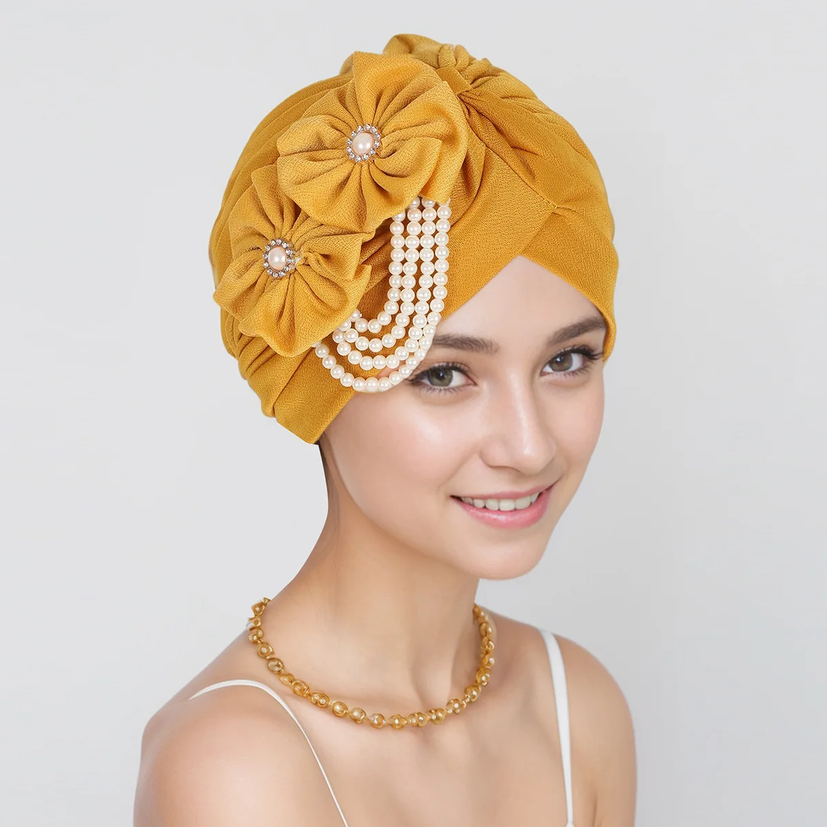 

Flower Design Female Head Wraps Muslim Hijab Headscarf Bonnet Hairloss Hat Cover Pearls Beading Turban Cap for Women Headwear