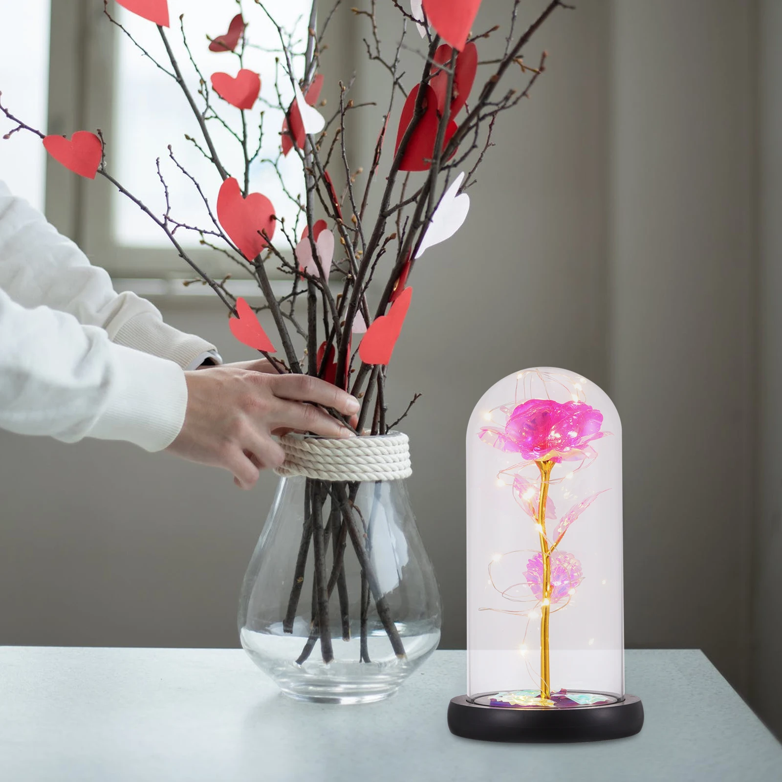 

Luminous Preserved Fresh Flower Decoration Simulation Rose LED Light Glass Plastic Decorative Desktop Lamp