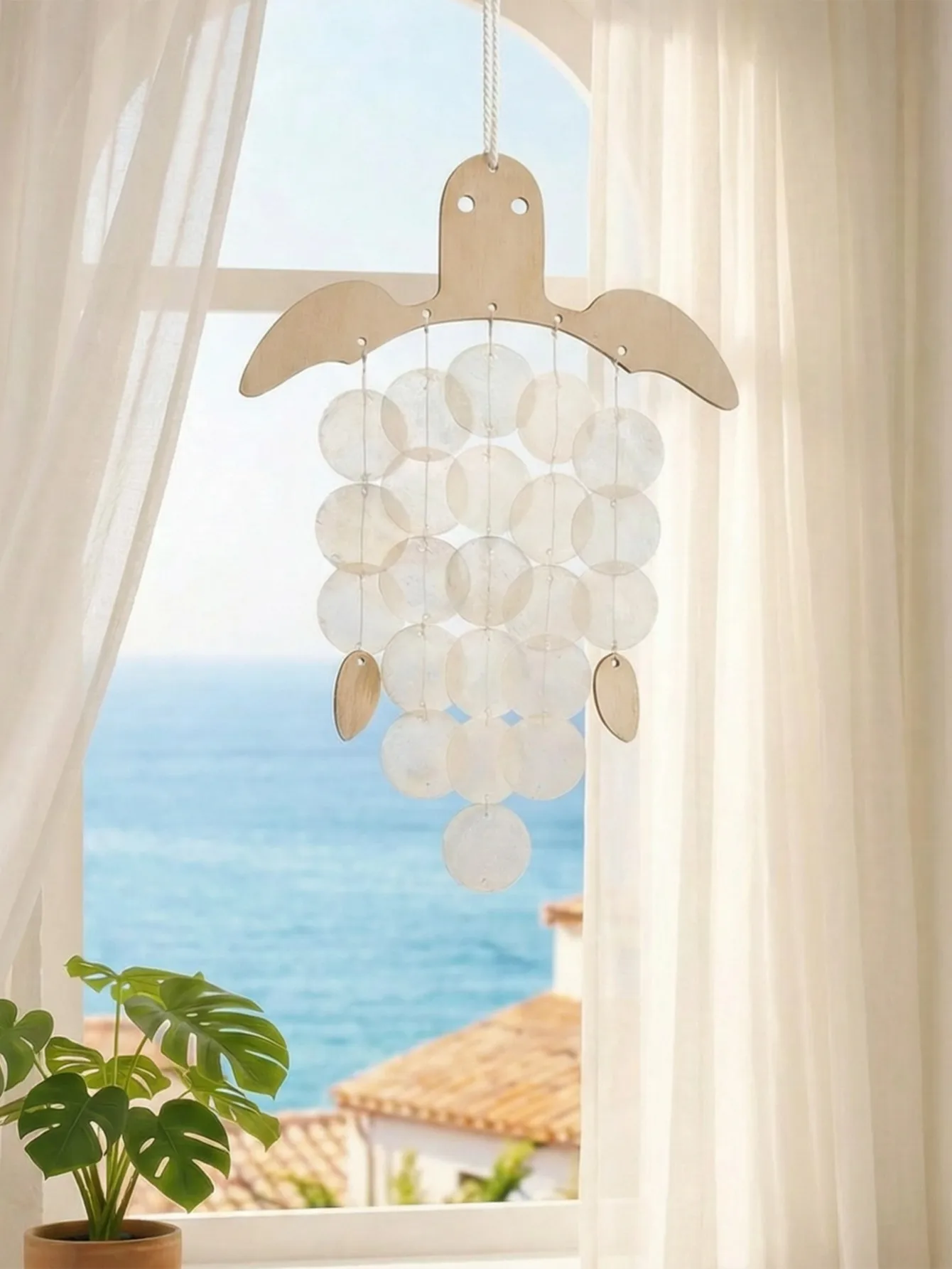 Nautical Wooden Turtle Capiz Shell Wind Chime Handcrafted Hanging Ornament for  Bohemian Home, Balcony Garden, Beach House Decor
