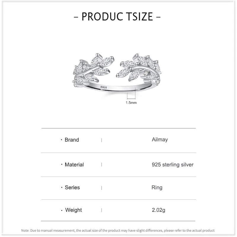 Ailmay Top Quality 925 Sterling Silver Charm Leaf Dazzling CZ Adjustable Finger Rings For Women Trendy Wedding Christmas Gifts