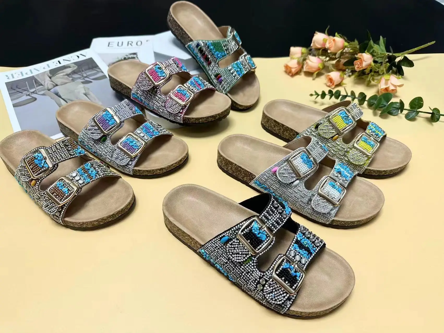 Ethnic Style Fashion Sandals Thick Bottom Wedge Cork Travel Shoes Outdoor Fashion Rhinestone New Women\'s Shoes Summer