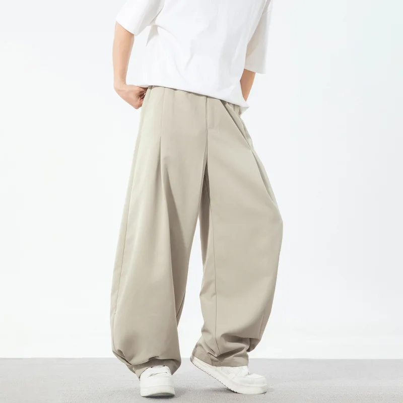 Men Adjustable Hem Pleated Casual Pants Loose Fit Japanese Retro Streetwear Draped Trousers Spring Summer Elastic Waist M-3XL