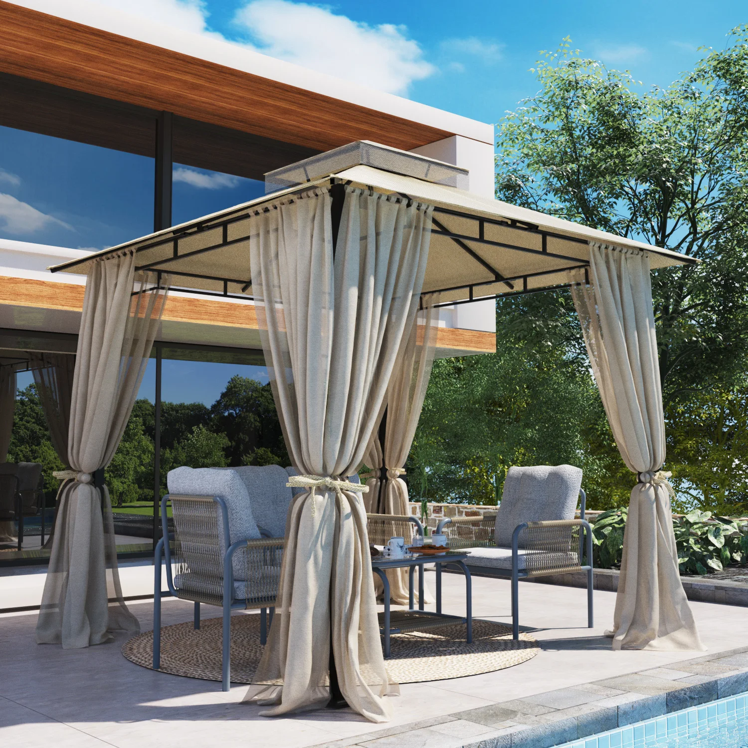 8'x8' Heavy-Duty Outdoor Gazebo Canopy, 2-Tier Double Ventilated Roof Pergola with Full Mosquito Netting & Privacy Side Curtains, Waterproof Outdoor Pavilion for Backyard, Garden & Deck Parties