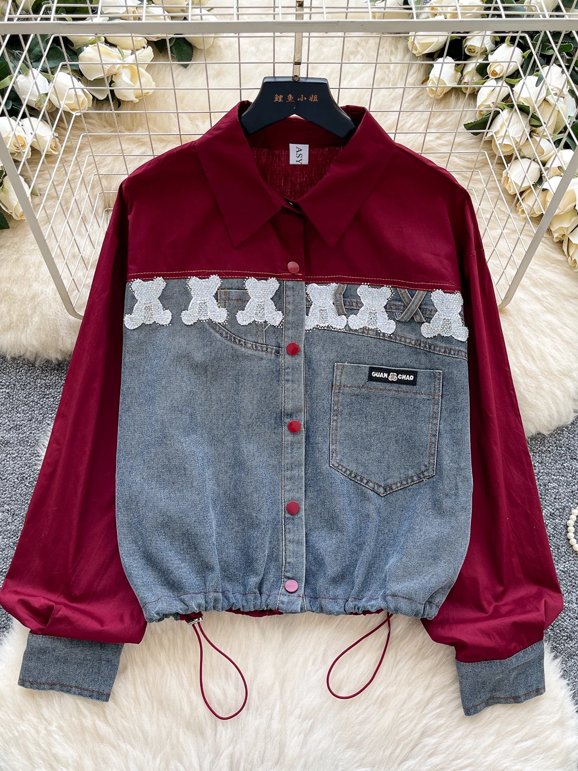 Faionable brodé couleur Blo Long Sve femmes Jaet automne polyvalent respirant coréen Sle Polyester Fiber irt