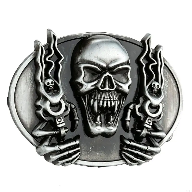 Belt Buckle with Oval Relief Skull and Twin-Pistols, Metal Structure, Antiqued Finish, and Tool-Free Attachment, Belt Y08E