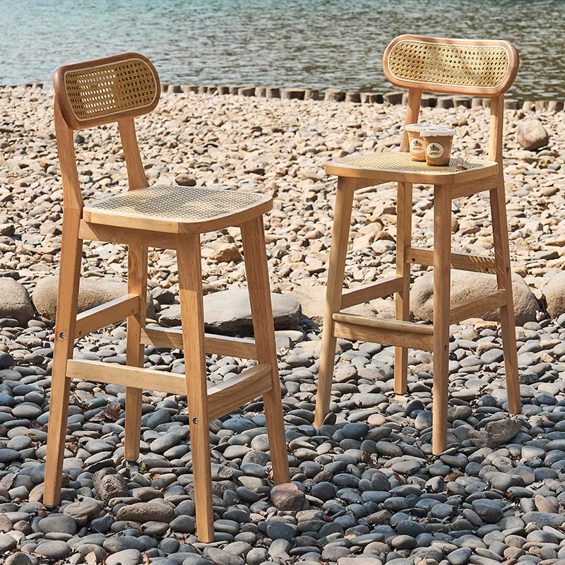 

Solid wood bar chair Nordic rattan high stool Bar stool Restaurant bar chair Cafe high stool