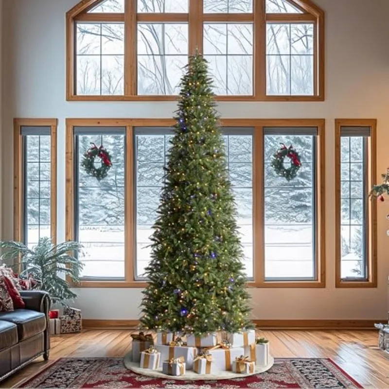 11ft Pre-Lit Christmas Tree,Hinged Slim Artificial Xmas Tree,Radiant Evergreen Fir with 850 Warm White/Multi-Color LED