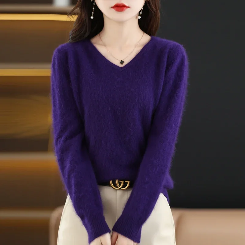 Women's Flat V-neck Mink Cashmere Sweater New Autumn/winter 2023 Knitted Loose Pullover Commuter Basic Knit Top