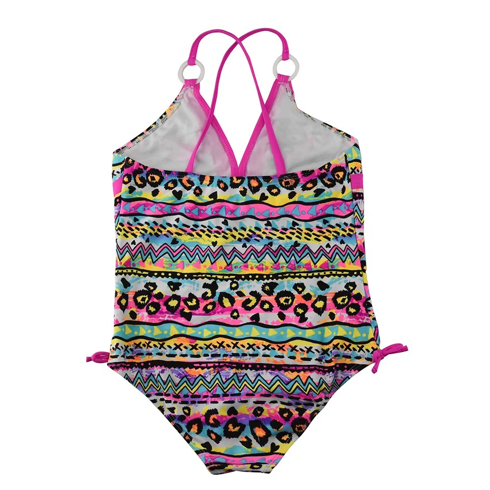 Kids Girls One Piece Swimwear High Quality Carton Print Pretty Girl 12 Years Old  Stripe Back Cross Children Swimming