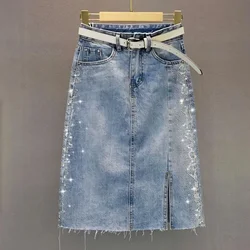 Women's Denim Skirt Hot Drill Midi With Slit Female Jeans Skirts Offer Aesthetic Hot Cheap Chic And Elegant Summer 2024 Luxury V