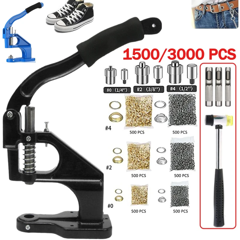 

Eyelet Grommet Machine Set with Hammer 3 Dies(#0/#2/#4) and 1500/3000pcs Grommets(6mm/10mm/12mm) for Curtain Tent DIY Craft