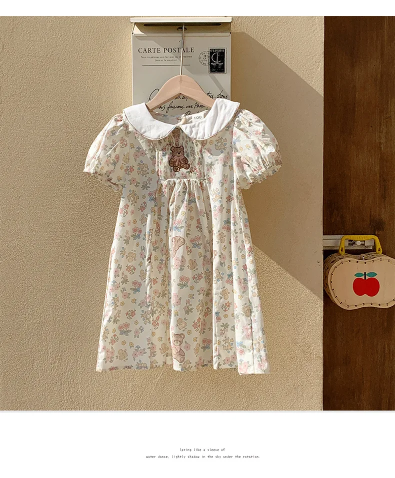 

Kid Girl Cute Short Sleeve Dress Flower Prints Large White Peter Pan Collar Bear Embroidery Puff Sleeves for Children Skirt