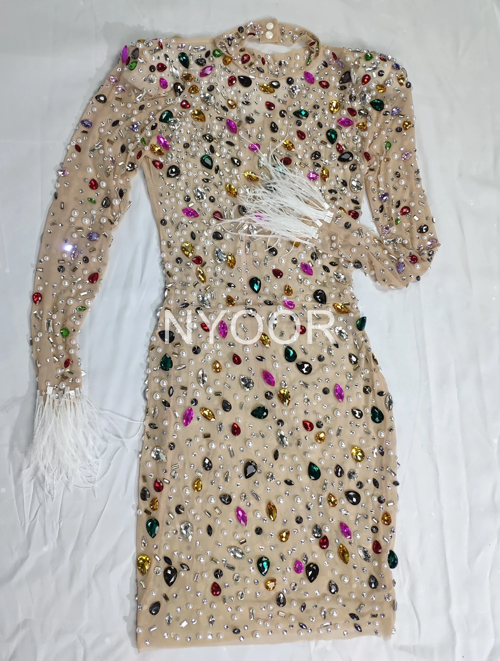 Sparkly Colorful Crystals Feather Sleeves Short Dress Fashion Prom Gown Evening Sexy See Through Crystals Birthday Party Dress