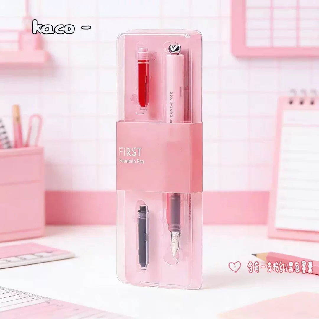 Kaco First Fountain Pen Pink Color for Young Girl EF Nib with Red/Black Ink Sac Writing Practise Calligraphy Stationery Supplies