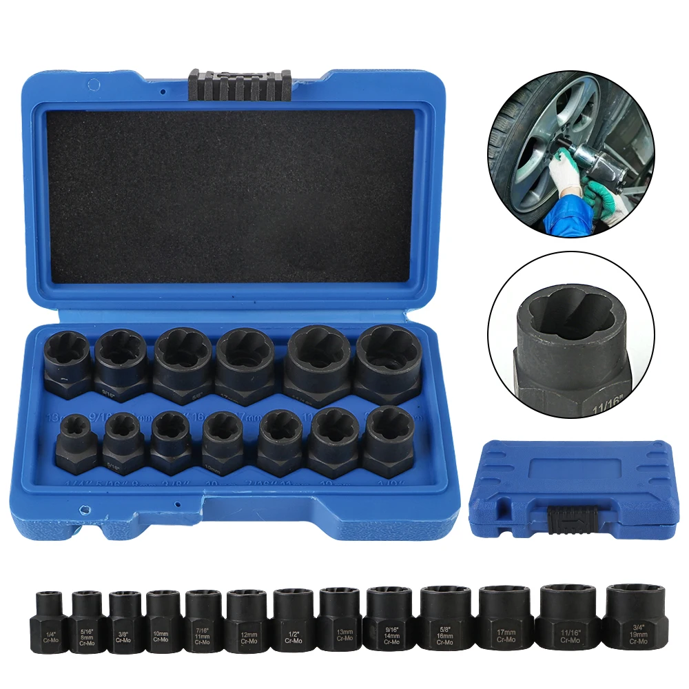 13PCS Nut Extractor Socket Impact Bolt Nut Screw Remover Tool Set Socket Wrench Remover Kit Damaged Stripped Nut and Bolt 3/8