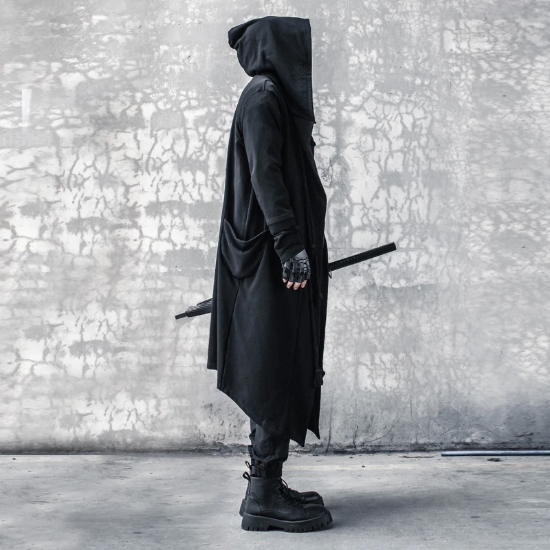 Spring Autumn Dark Yamamoto Style Black Men's Long with Hat Halloween Cosplay Samurai Cloak Hooded Coat for Women