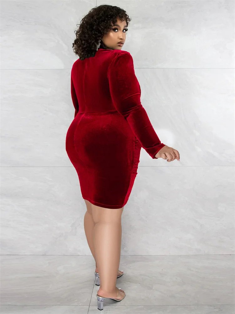 Wmstar Plus Size Dresses Women 2023 Vintage Velvet Solid Draped Elegant Fashion Fall Winter Mini Dress Wholesale Dropshipping