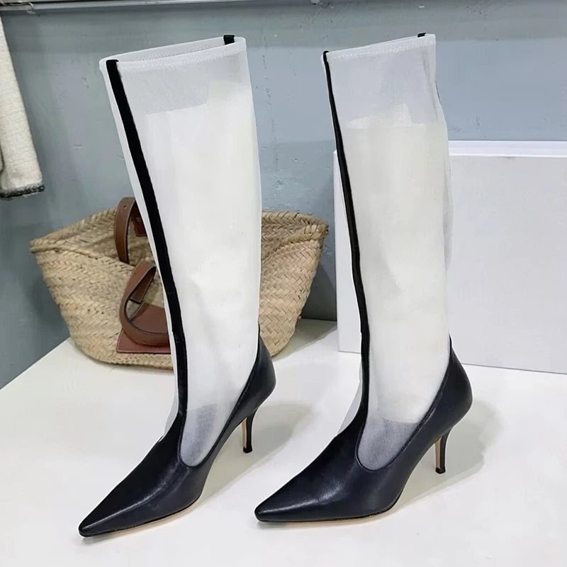 Genuine Leather Mesh Splicing Breathable Long Botas Women Pointed Toe Thin Heels Over-the-knee Boots Spring Autumn Modern Boots