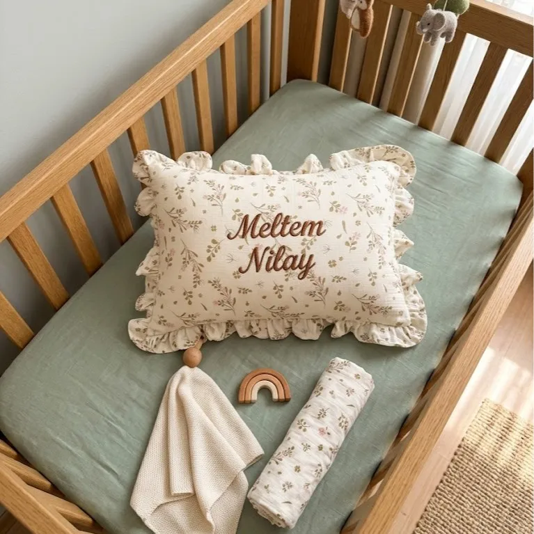 Custom Name Gauze Cotton Baby Small Pillow 45x33cm with Ruffles Kids Cushion Personalized Breathable Embroidery Bedding Pillows