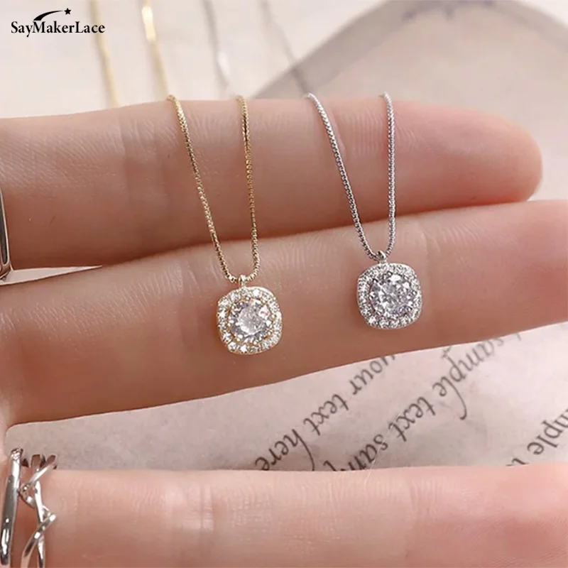 Square Zircon Necklace Women's Fashion High-End Light Luxury Simple Temperament Clavicle Chain Jewelry To Send A Friend Gift