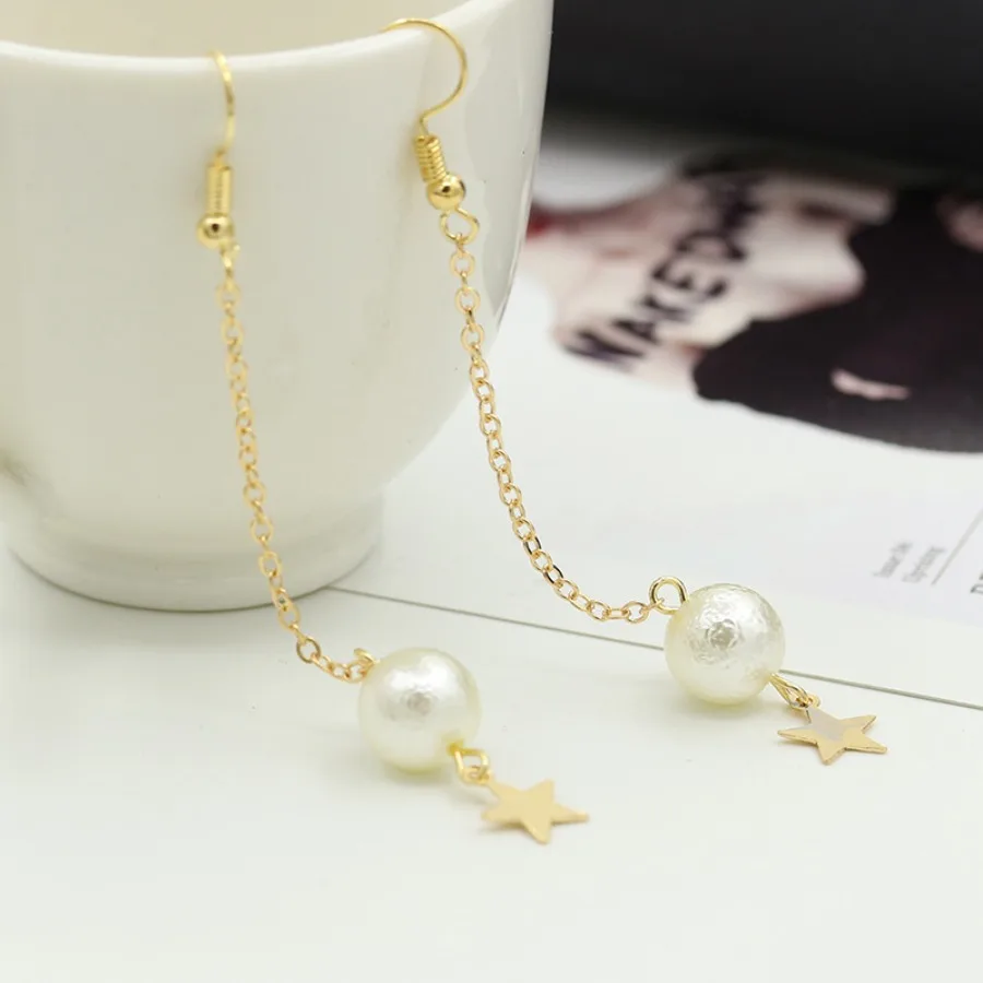 1 Pair Japanese-style Fresh Wrinkled Pearl Star Ear Clip, Long Five-pointed Star Pendant Pearl Tassel Ear