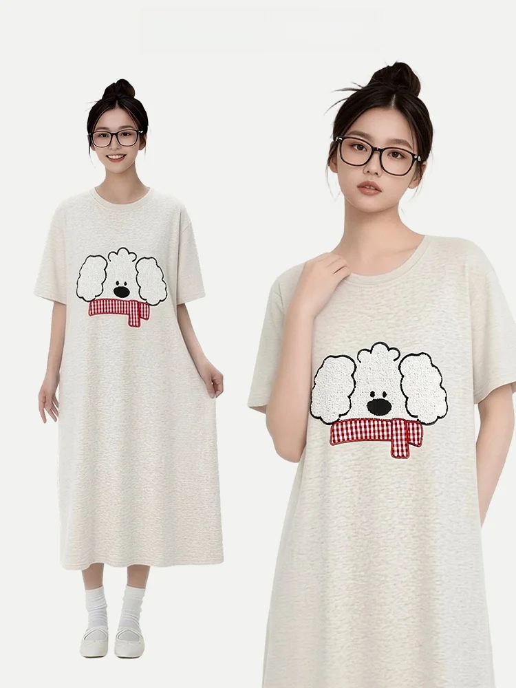 

PinkBread Pure Cotton Women's Nightgown with Scarf Dog Design Summer Home Clothes Chest Pad Included Casual Loose Fit