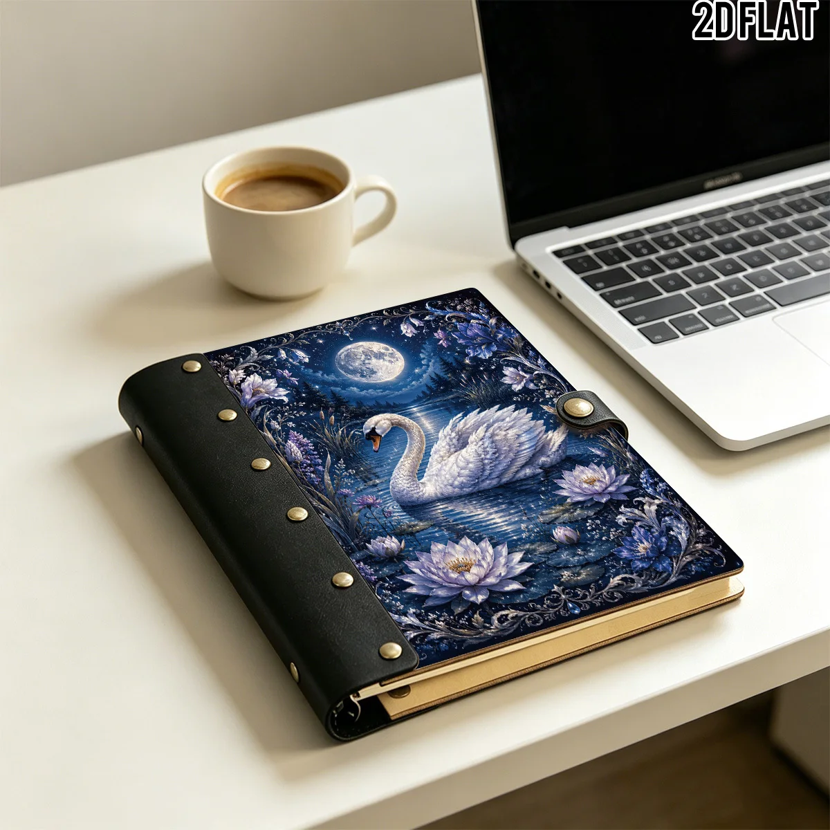 1PC 2DFlat Wooden Notebook, Hardcover White Swan Purple Lotus Moon Lake Scenery Print, 100 Pages With Leather Rivet Craft Decora