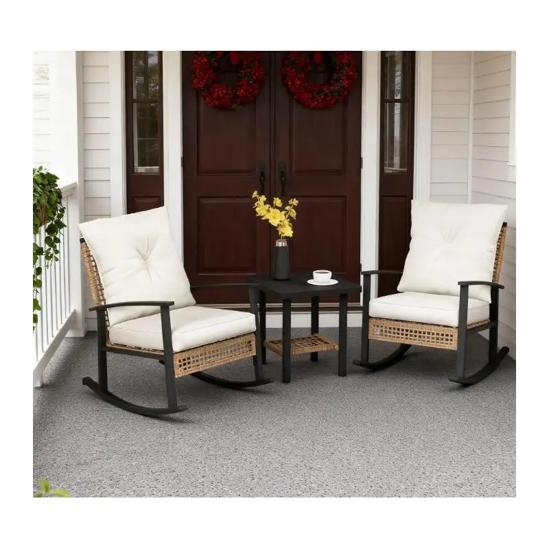 

Patio Wicker Furniture Set with Tufted Cushions, Rattan Rocking Chairs & Coffee Table for Outdoor Relaxation