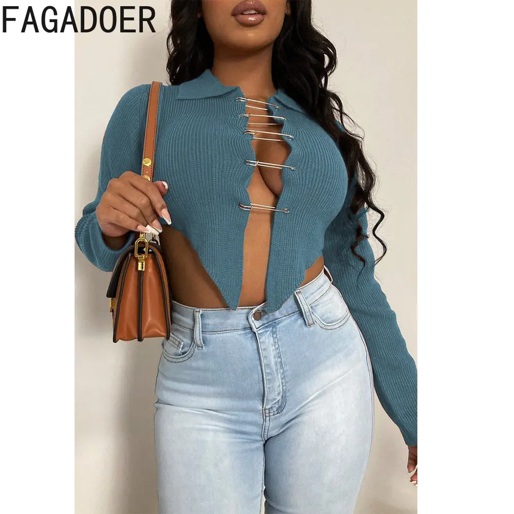 

FAGADOER Sexy Hollow Out Tack Design Tops Fashion Irregular Elastic Knitted Crop Tops Spring Female Long Sleeve Slim Clothing