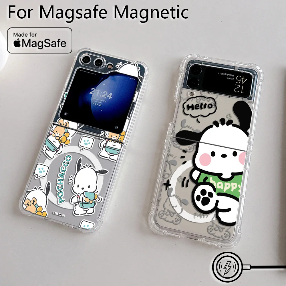 Cute Cartoon Pochacco Magsafe Magnetic Phone Case for Samsung Galaxy Z Flip 3 4 Z Flip 5 6 Z 5G Soft Transparent Back Cover