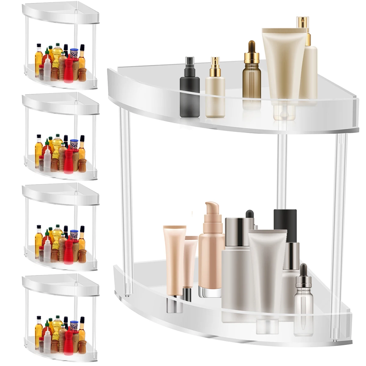 5PCS/1PCS 2-Tier Corner Bathroom Counter Organizer Tool-Less Installation Vanity Shelf Small Countertop Makeup Tray Organizers