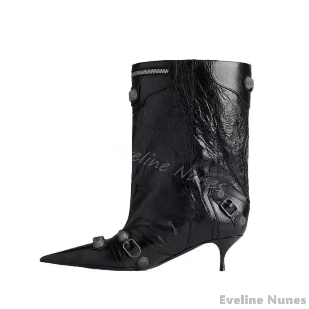 Metal Rivet Kitten Heel Mid-calf Boots Women Pointed Toe Metal Decoration Slip On Black Leather Short Boots Cool Girl Ankle Boot image 4
