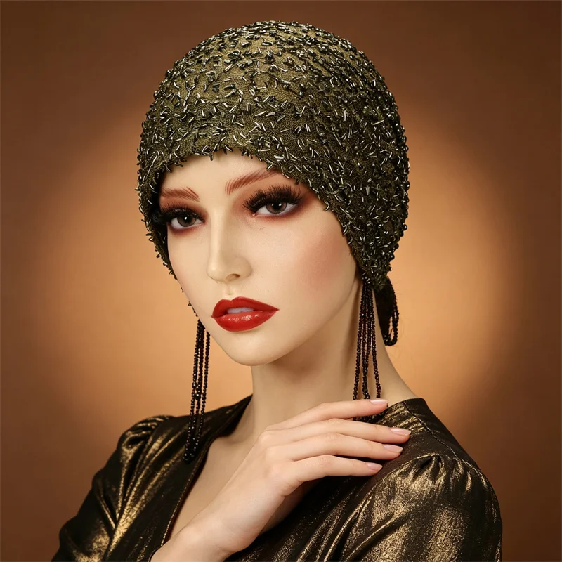 Muslim Women Beaded Tassel Hijab Undercap Elastic Mesh Inner Cap Sparkly Islamic Prayer Headwear Bonnet Wedding Headscarf Hat